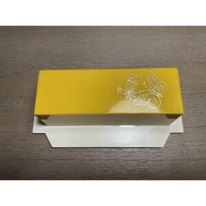 Vintage Butter Dish Yellow Butterfly Floral Design Kitchen Decor Retro EUC
